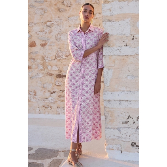 Oliphant Button Up Pink White Tan Fan Shirt Dress Maxi, S - Picture 11 of 11